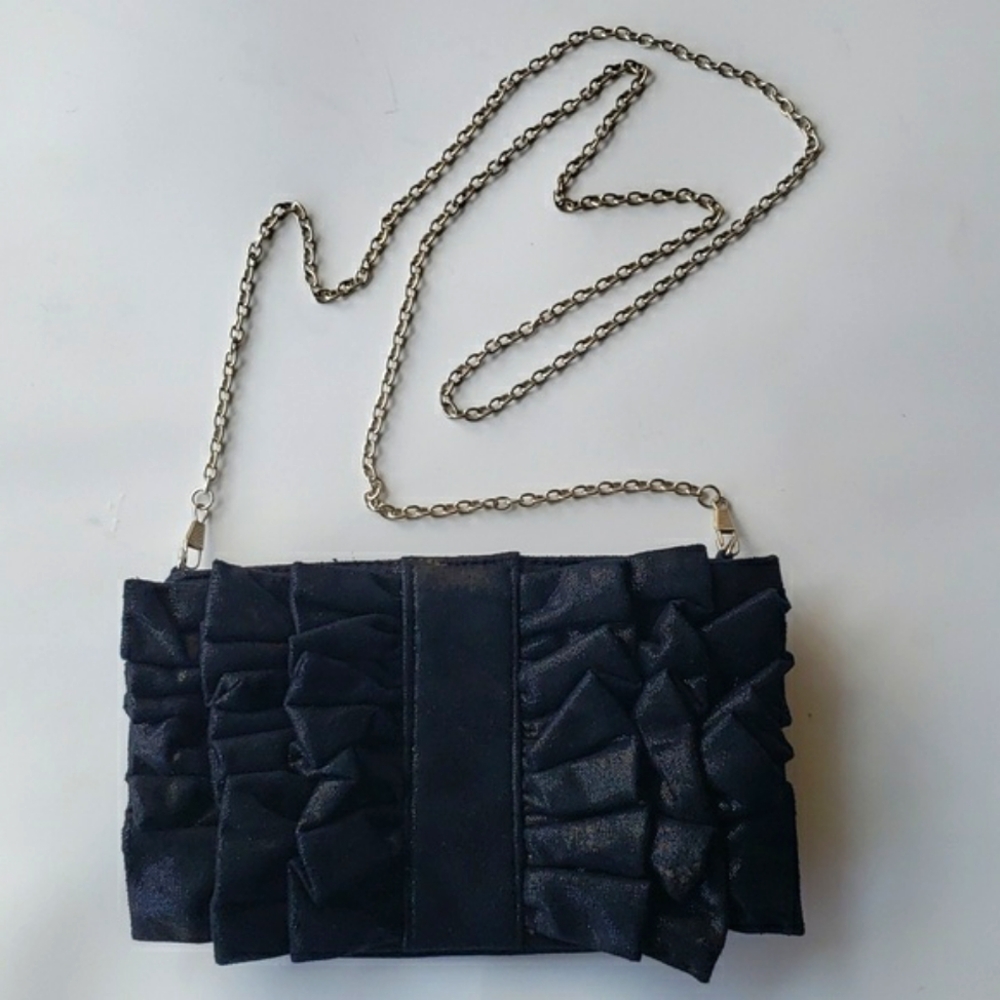 Black shiny long chain ruffle formal clutch purse